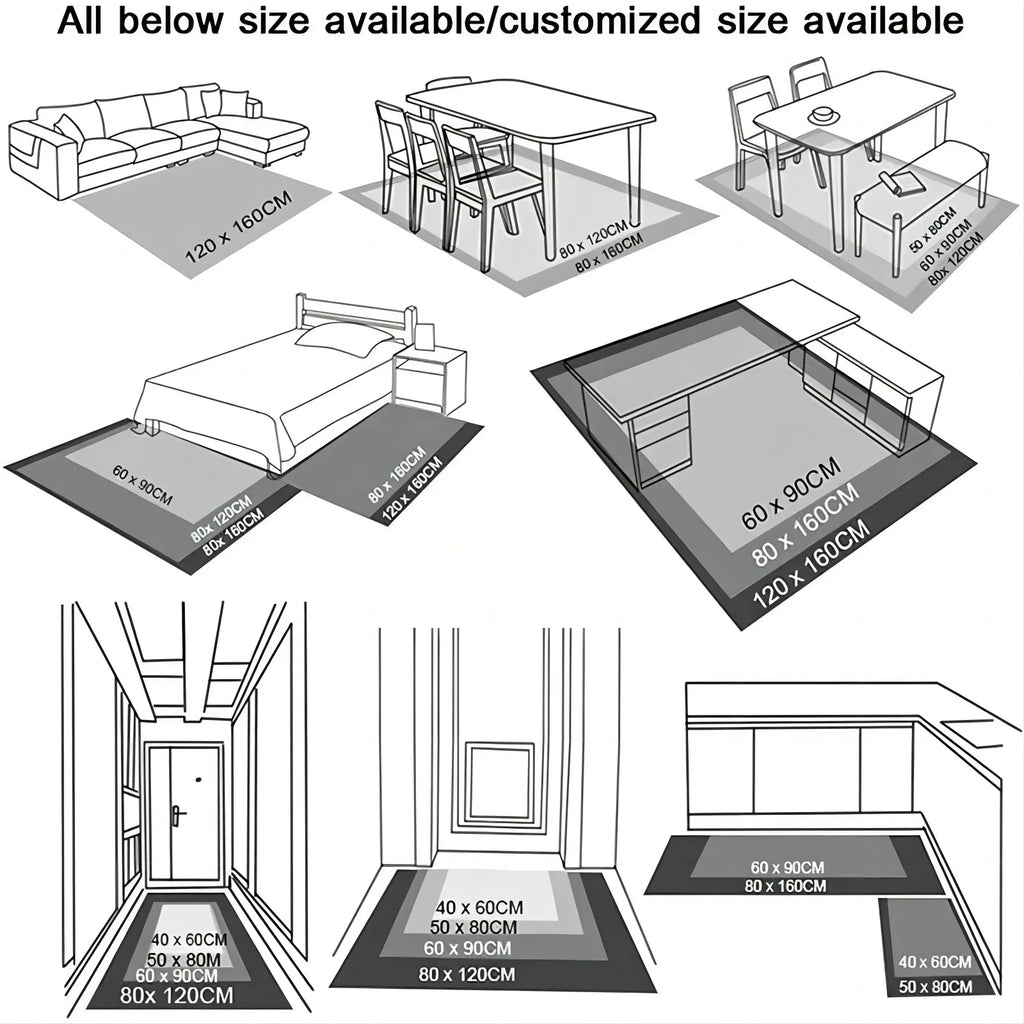 Diagram showing various room layouts with dimensions of rugs and furniture.
