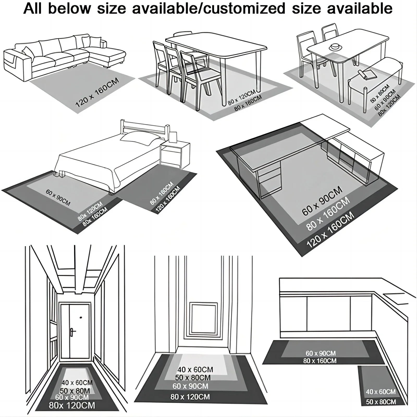 Diagram showing various room layouts with dimensions of rugs and furniture.