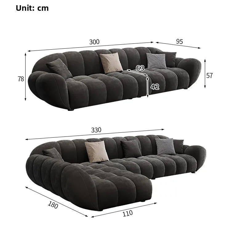 Dimensions of a dark gray sofa with measurements in centimeters on a white background