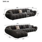Dimensions of a dark gray sofa with measurements in centimeters on a white background
