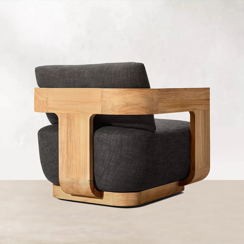 Chair with wooden frame and gray cushions on a white background