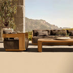 Outdoor patio furniture set with mountains in the background