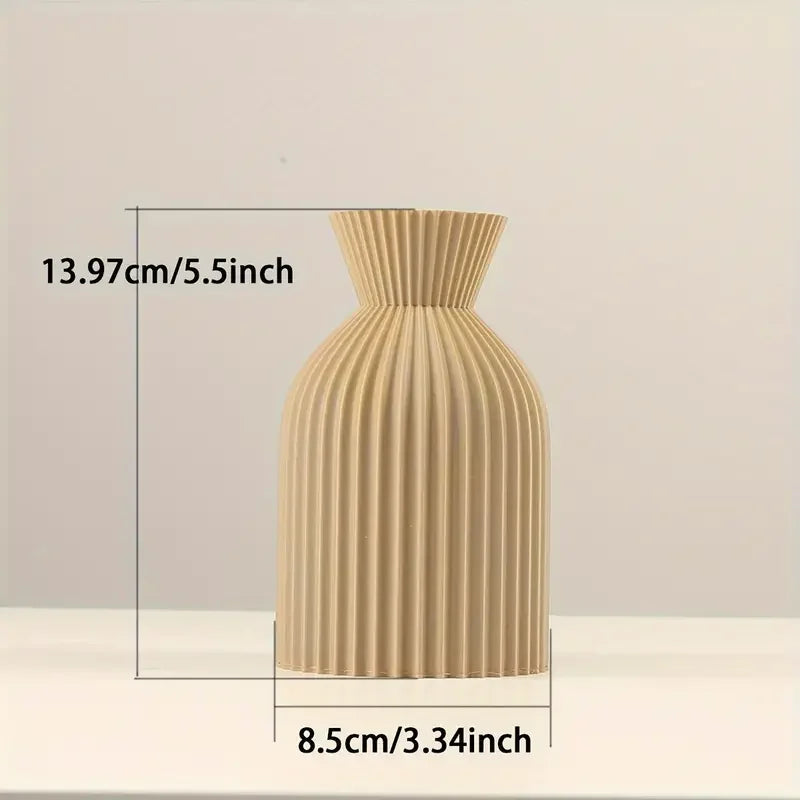 Beige ribbed vase with dimensions indicated on a beige background