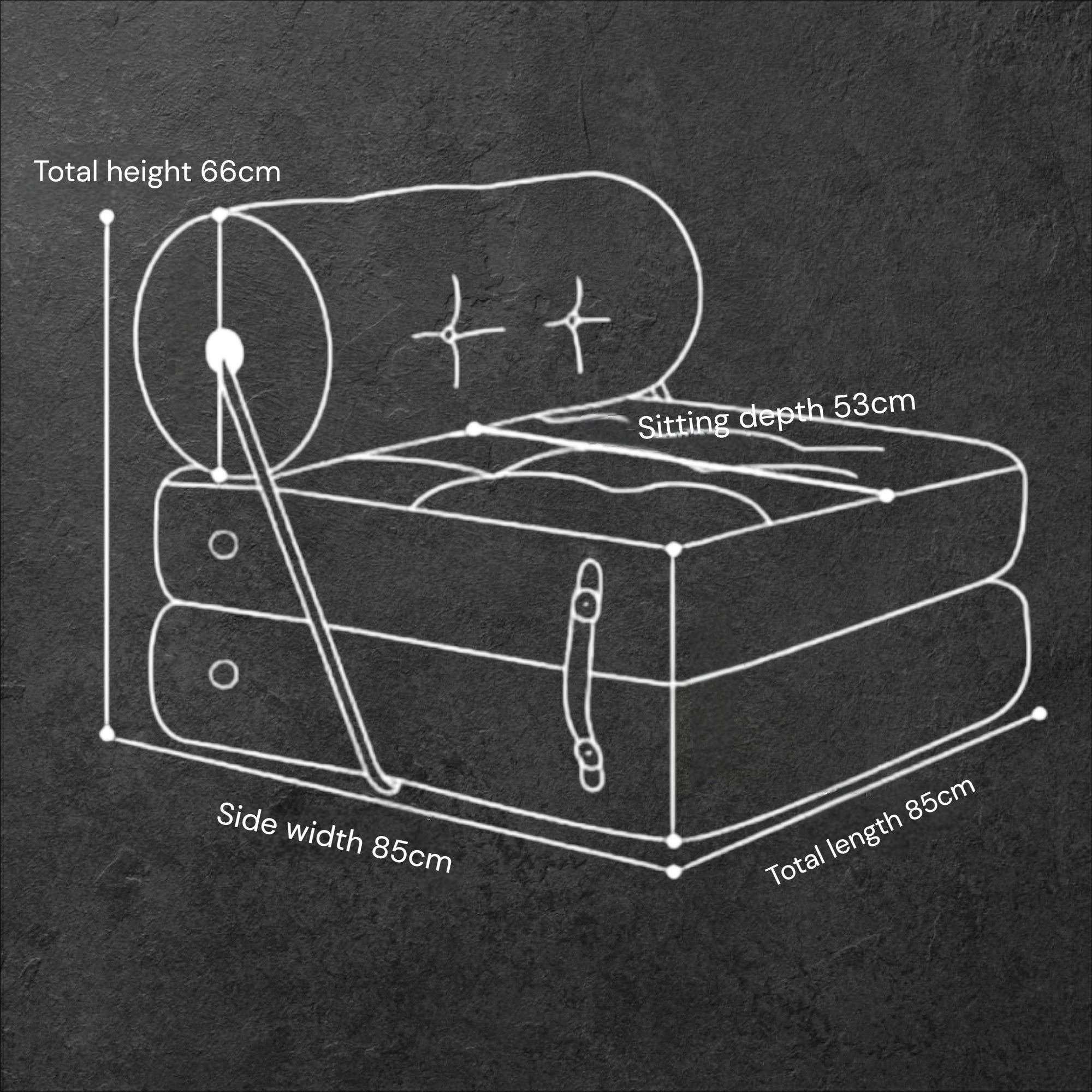 Measurement chart of a piece of furniture with dimensions labeled on a dark background