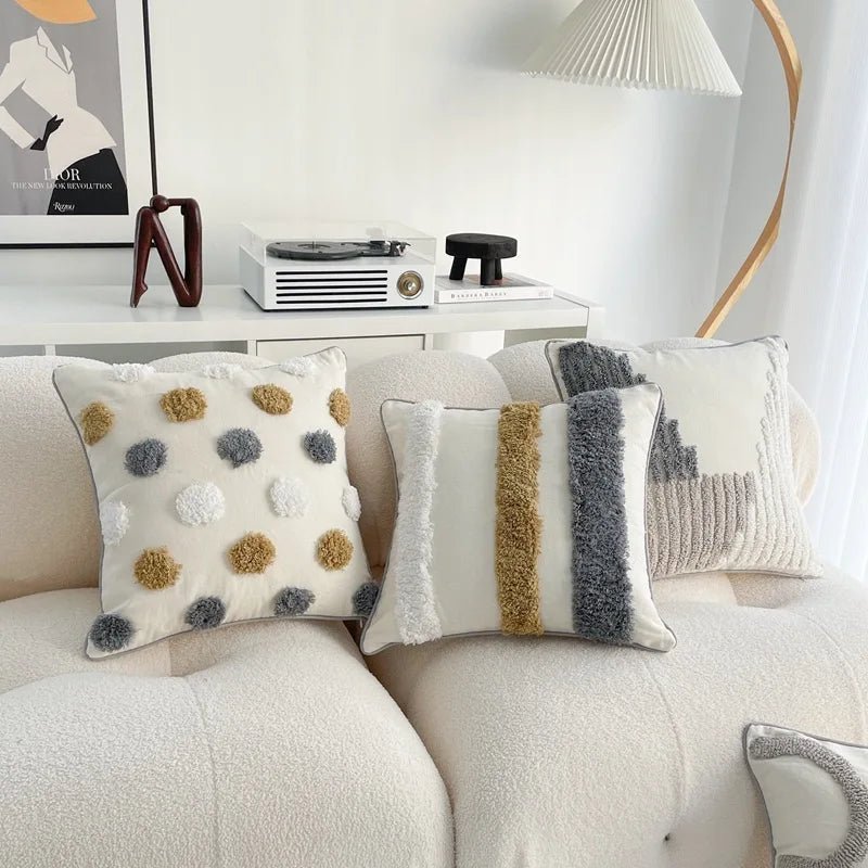 ANTHEA Gray White Tufted Pillow Cover - MOOAZAA 
