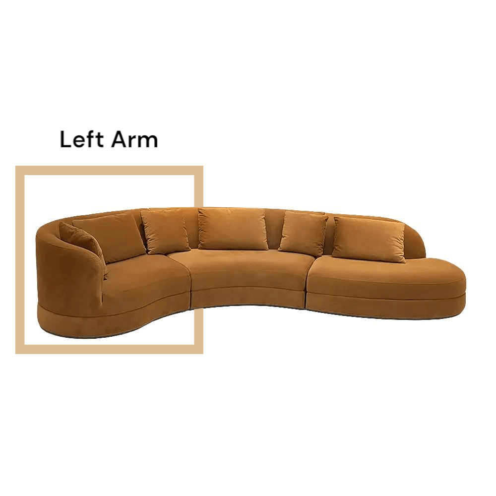 Brown sectional sofa with labeled left arm on a white background