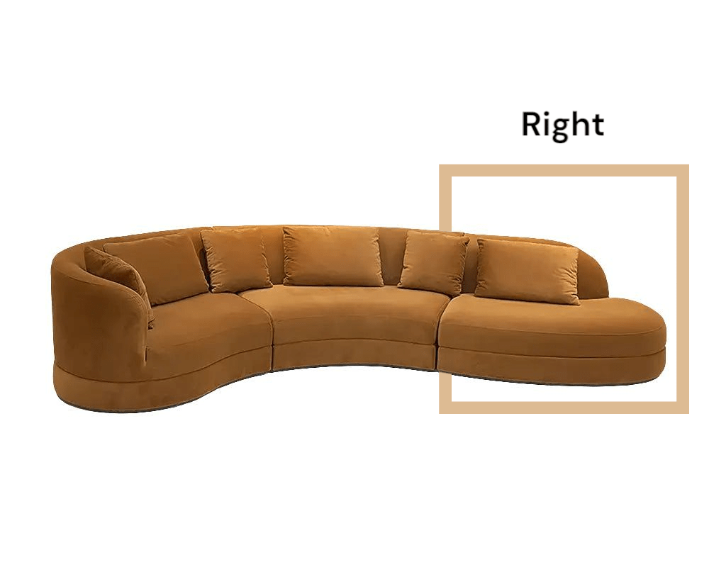 Brown curved sectional sofa on a white background with 'Right' text.