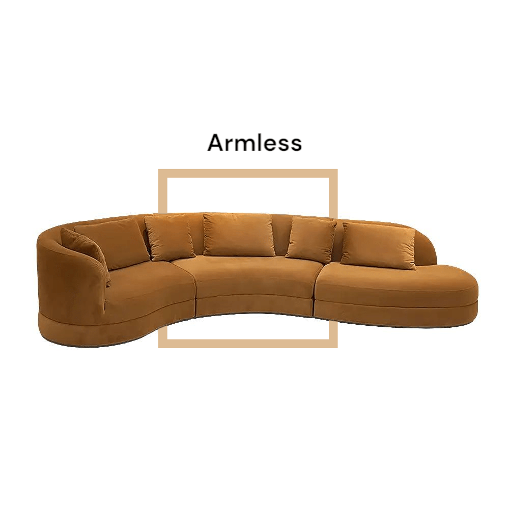 Brown curved sofa without armrests on a white background