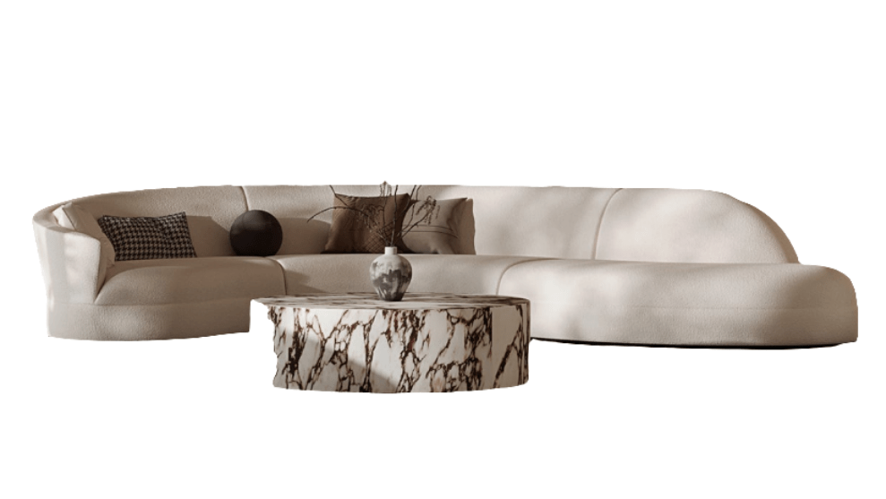 Modern beige sofa with a marble coffee table on a white background