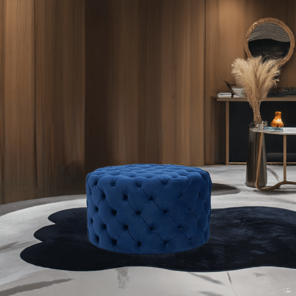 Chesterfield Footstool Navy Blue Velvet Rounded - MOOAZAA SHOP