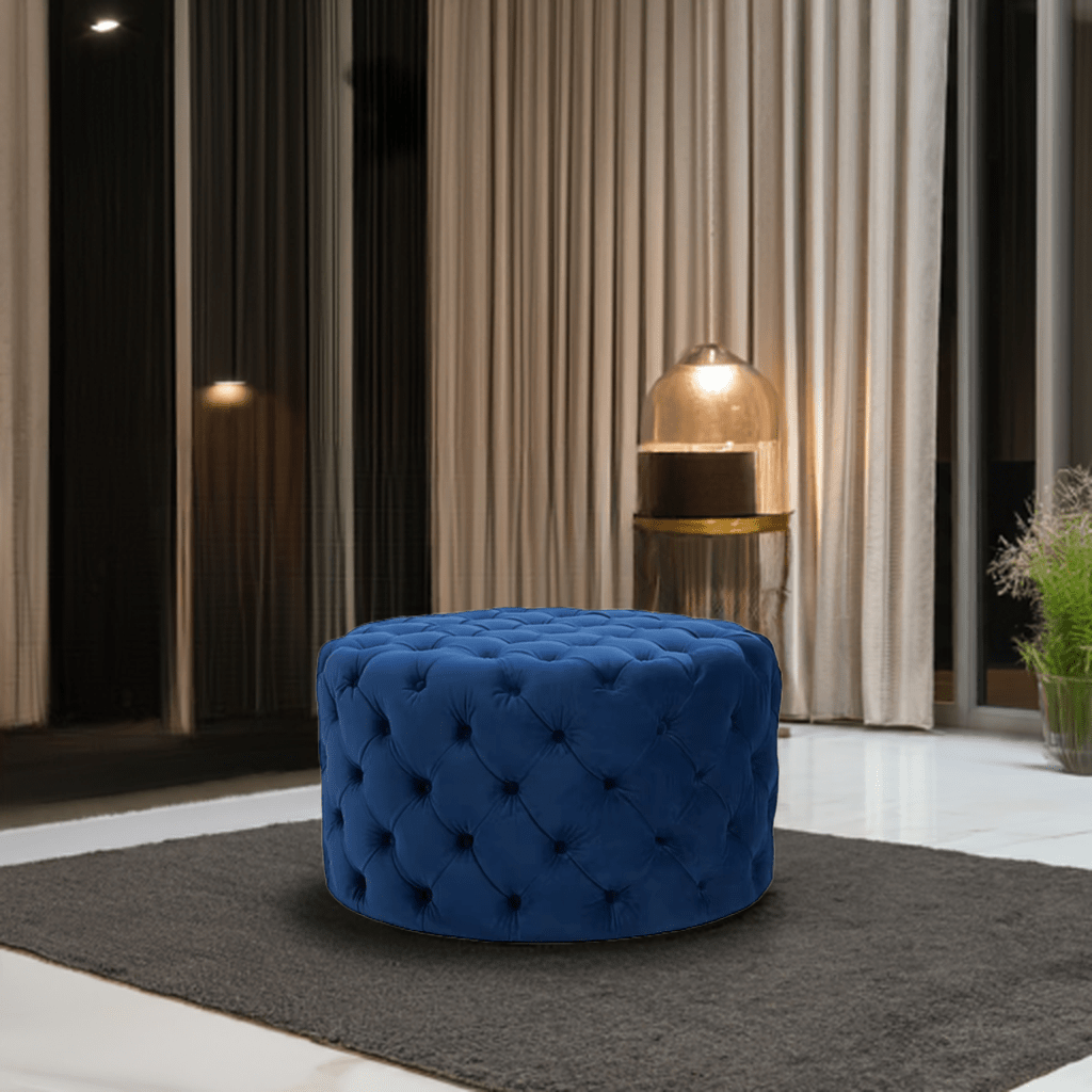 Chesterfield Footstool Navy Blue Velvet Rounded - MOOAZAA SHOP