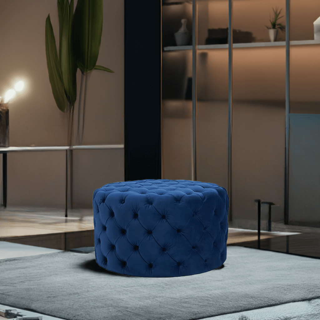Chesterfield Footstool Navy Blue Velvet Rounded - MOOAZAA SHOP