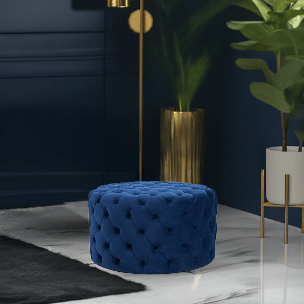 Chesterfield Footstool Navy Blue Velvet Rounded - MOOAZAA SHOP