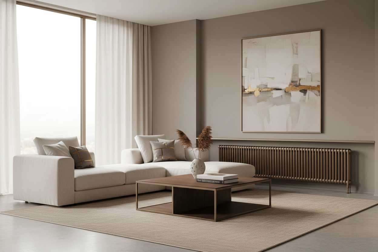 Create a background image of a modern, elegant living room, animated using professional photography techniques, to serve as the homepage for my collection and match the colours of my website.