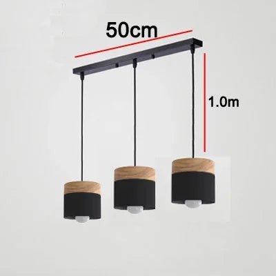 Three pendant lights with measurement details on a white background