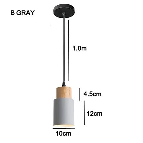 Gray pendant light with dimensions on a white background