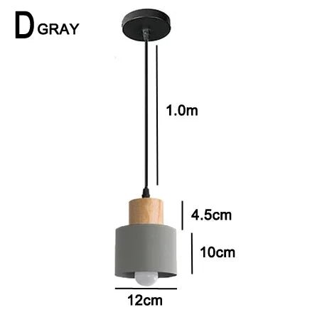 Gray pendant light with wooden accent and measurements on a white background