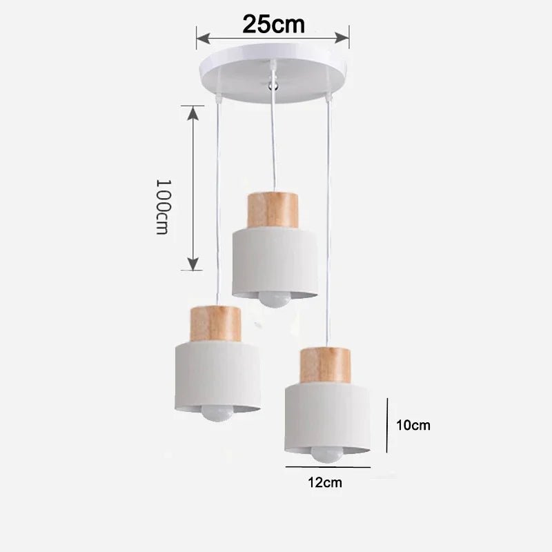 Three-tier pendant light with dimensions on a white background