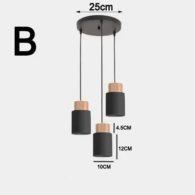 Black pendant light with wooden accents and measurements on a white background
