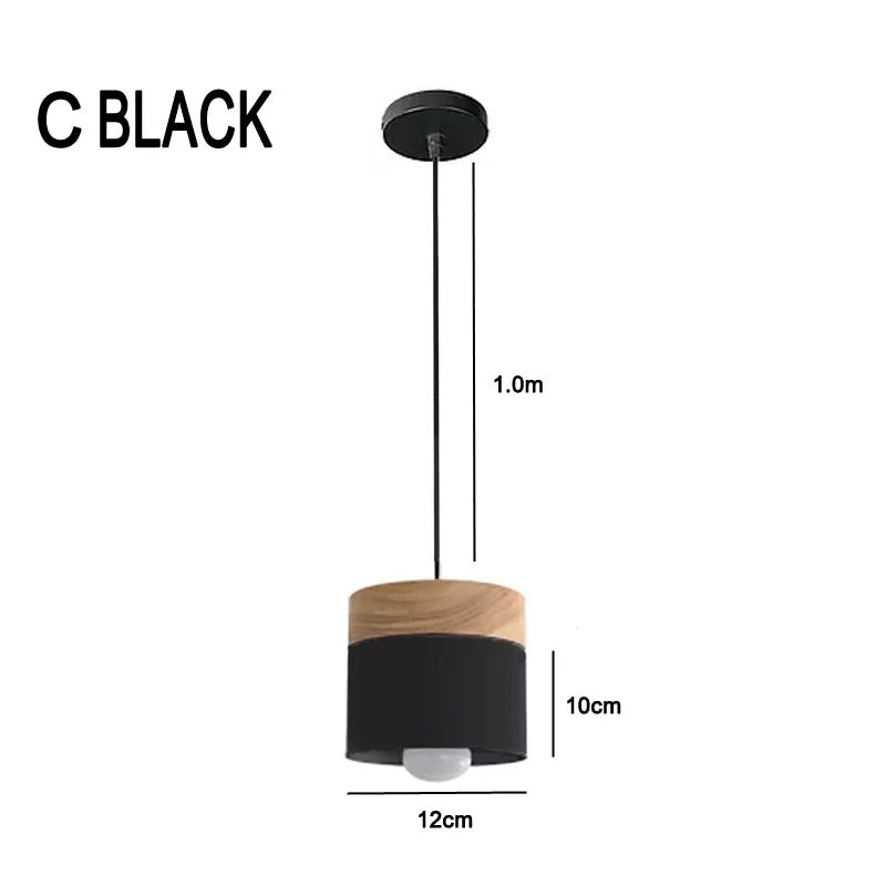 Black pendant light with wooden base and measurements on a white background