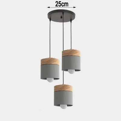 Three-tier pendant light with gray and wooden design on a white background
