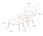 Dimensions of a chair and ottoman set on a white background