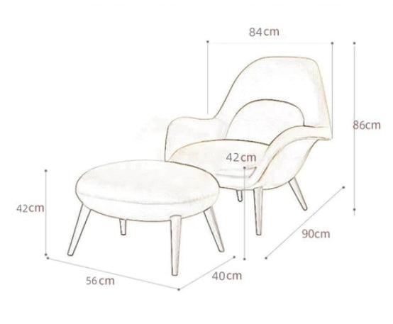 Dimensions of a chair and ottoman set on a white background