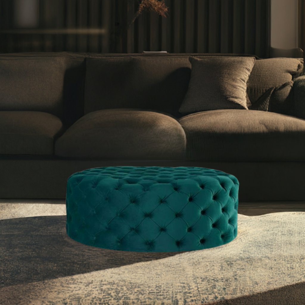 Footstool Chesterfield Green Velvet Luxury, [Rounded] - MOOAZAA SHOP