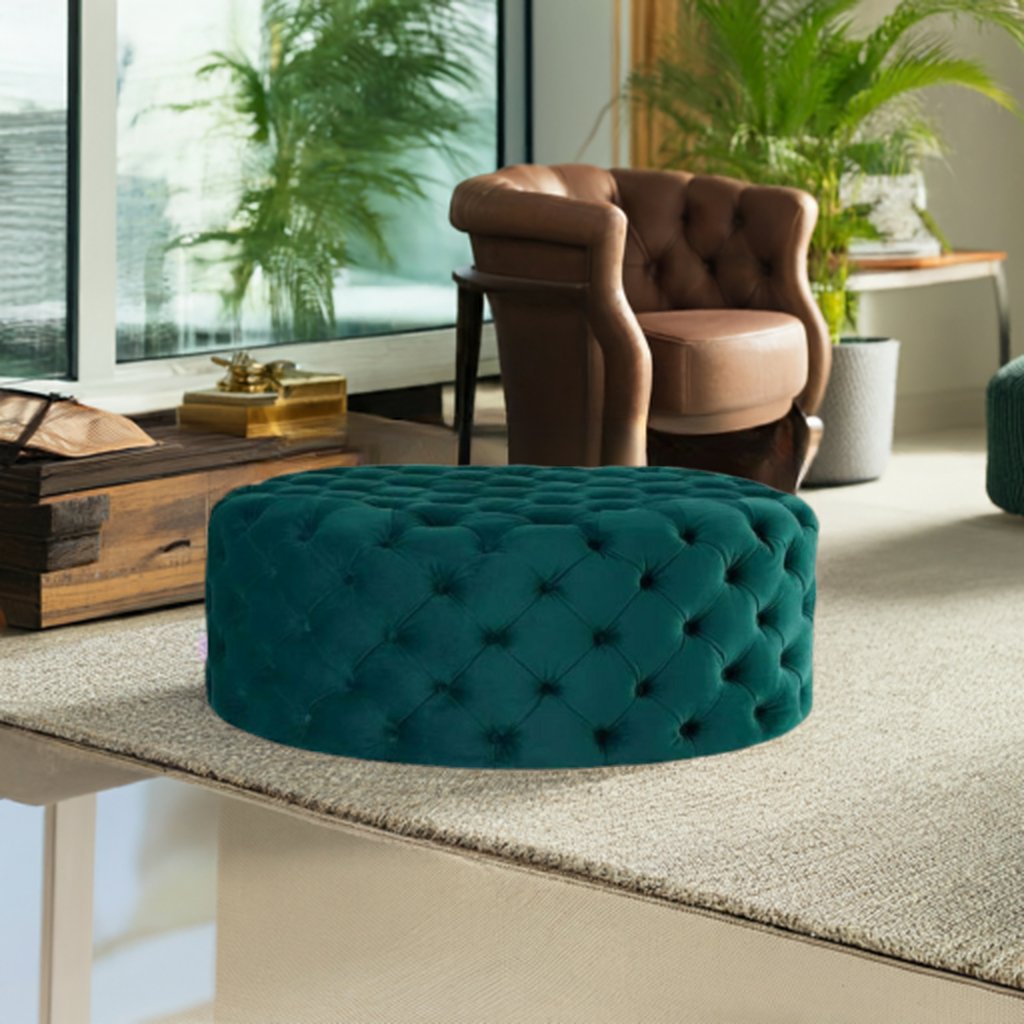 Footstool Chesterfield Green Velvet Luxury, [Rounded] - MOOAZAA SHOP