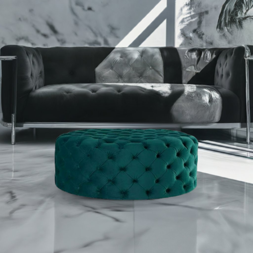 Footstool Chesterfield Green Velvet Luxury, [Rounded] - MOOAZAA SHOP