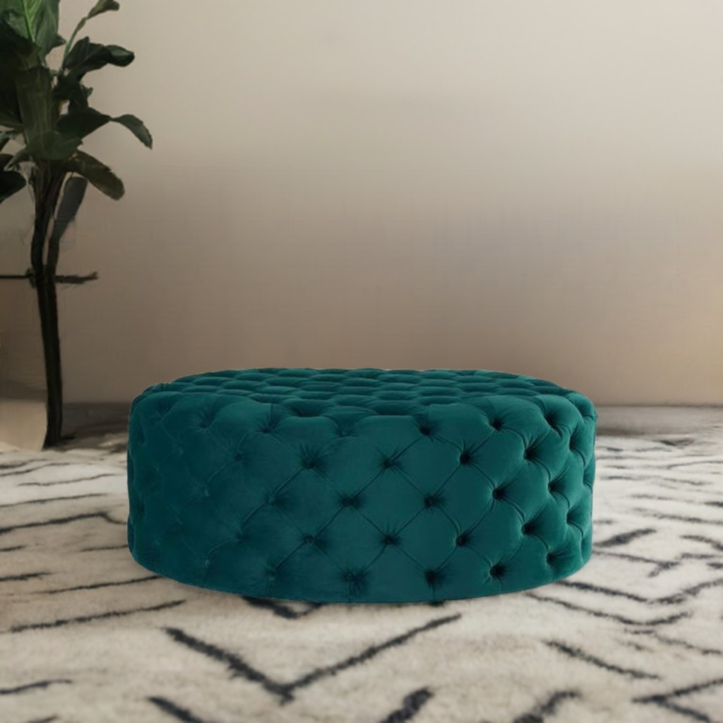 Footstool Chesterfield Green Velvet Luxury, [Rounded] - MOOAZAA SHOP