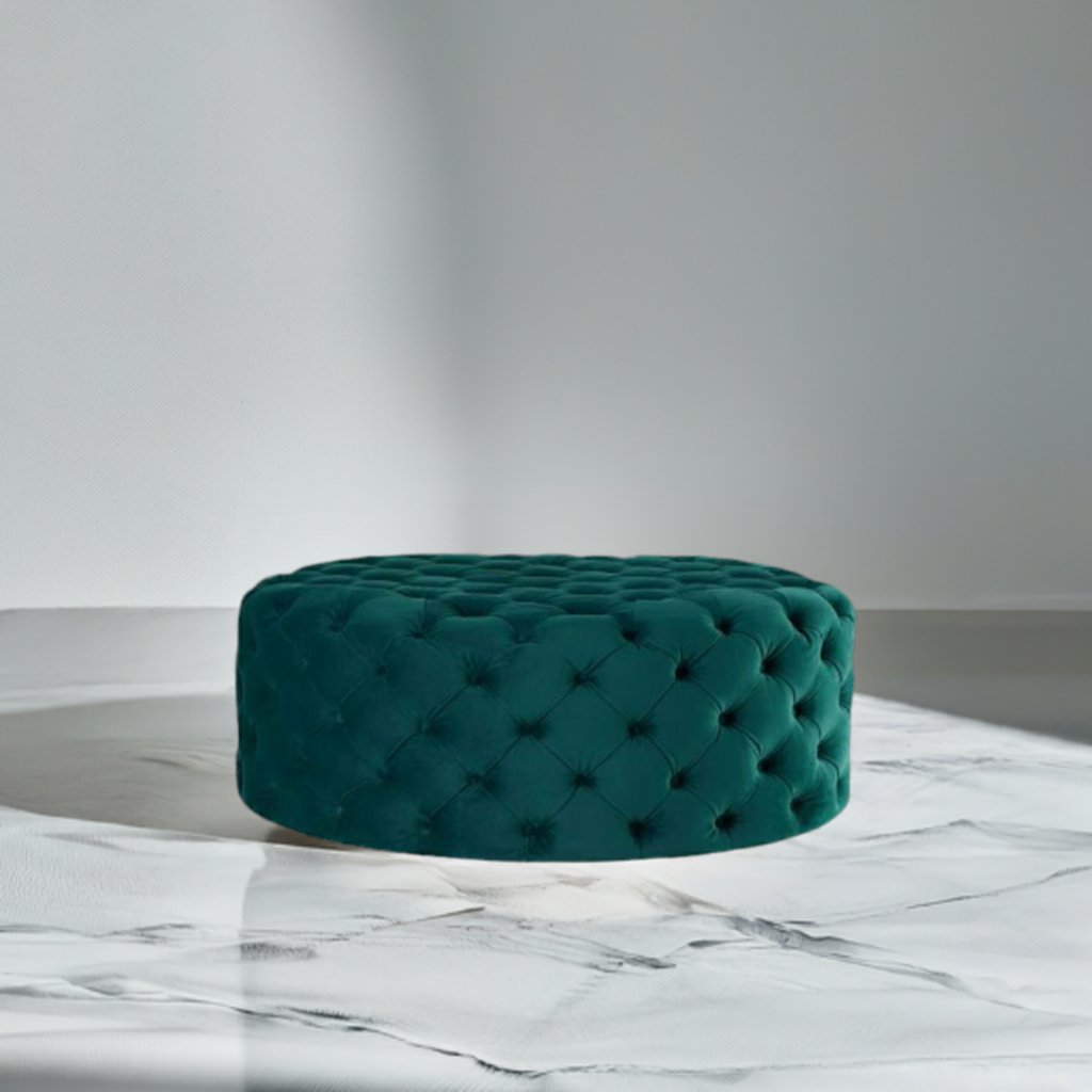 Footstool Chesterfield Green Velvet Luxury, [Rounded] - MOOAZAA SHOP