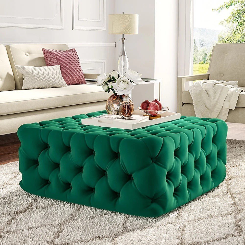 Footstool Chesterfield Green Velvet, [Squared] - MOOAZAA