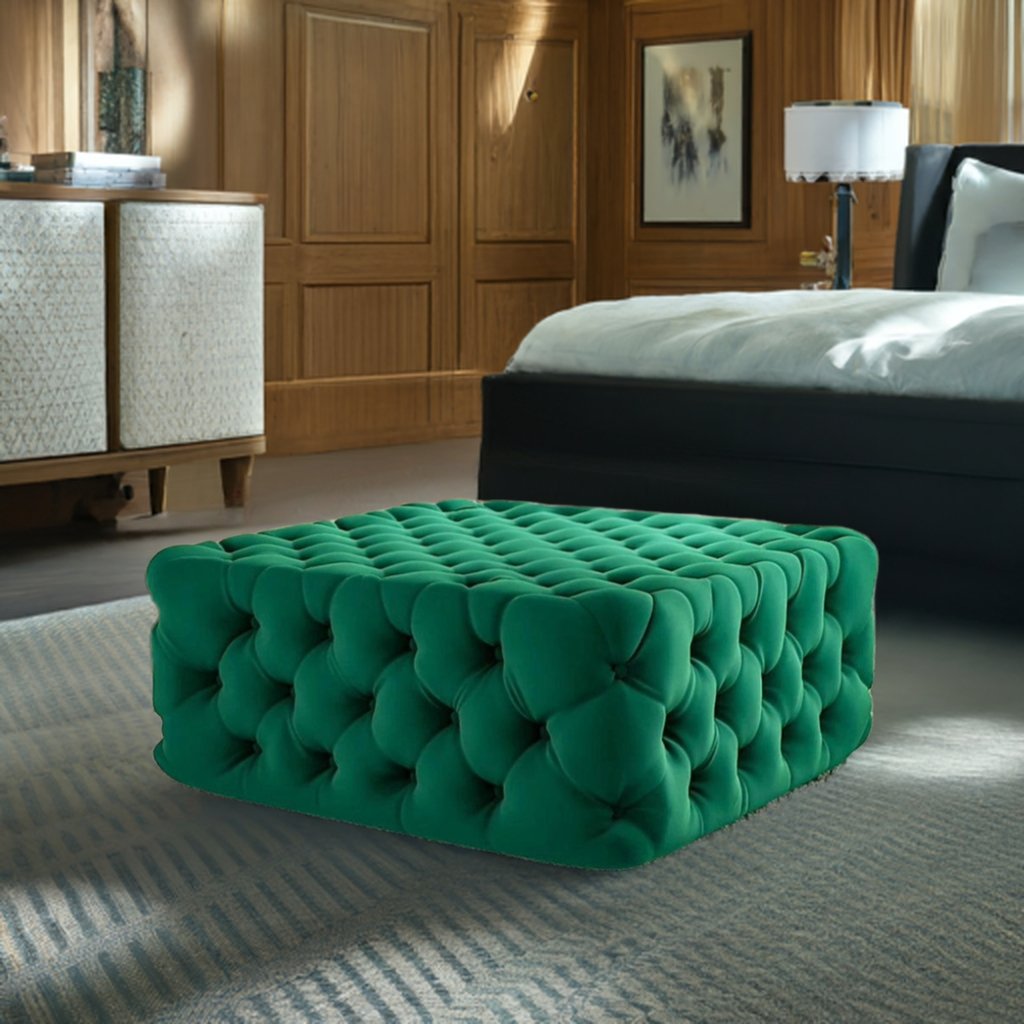 Footstool Chesterfield Green Velvet, [Squared] - MOOAZAA