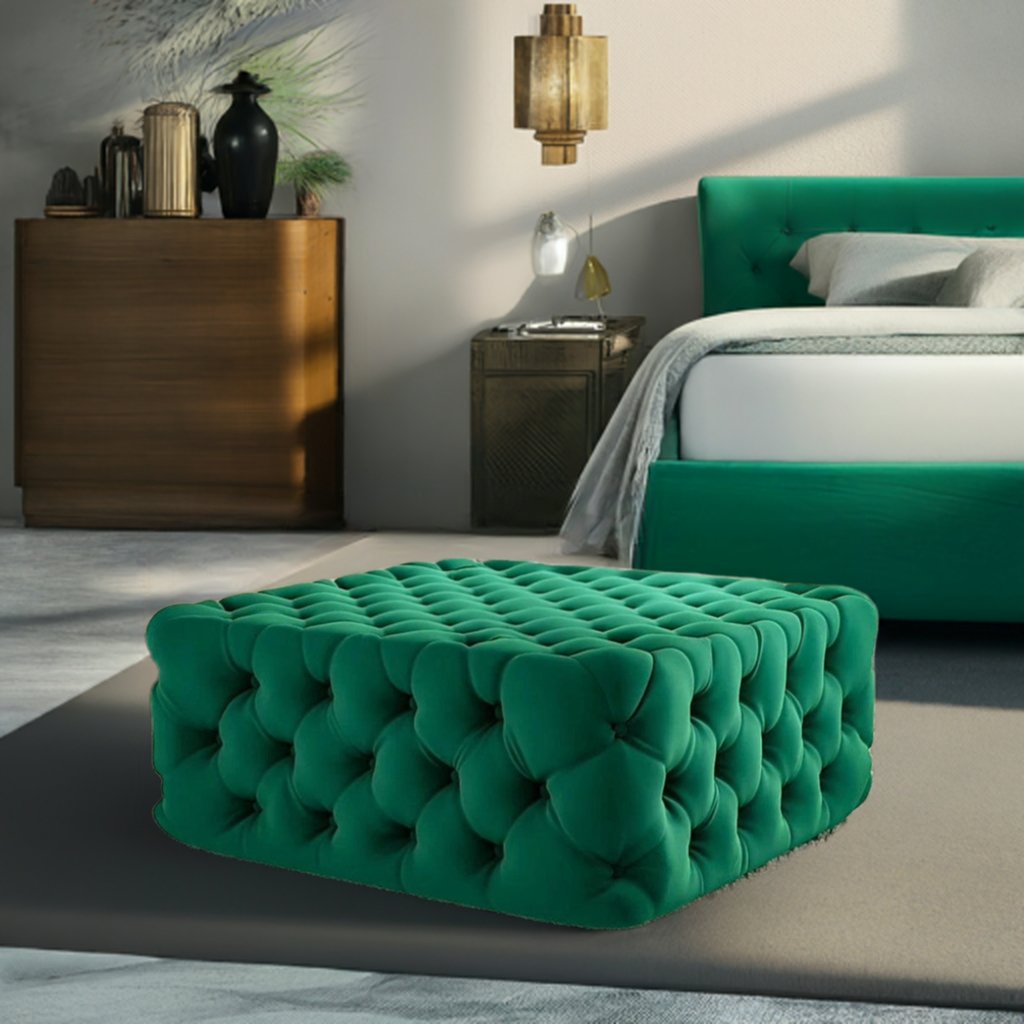 Footstool Chesterfield Green Velvet, [Squared] - MOOAZAA