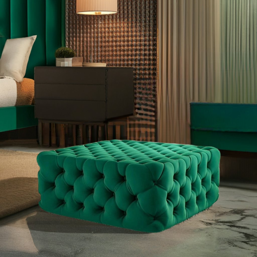 Footstool Chesterfield Green Velvet, [Squared] - MOOAZAA