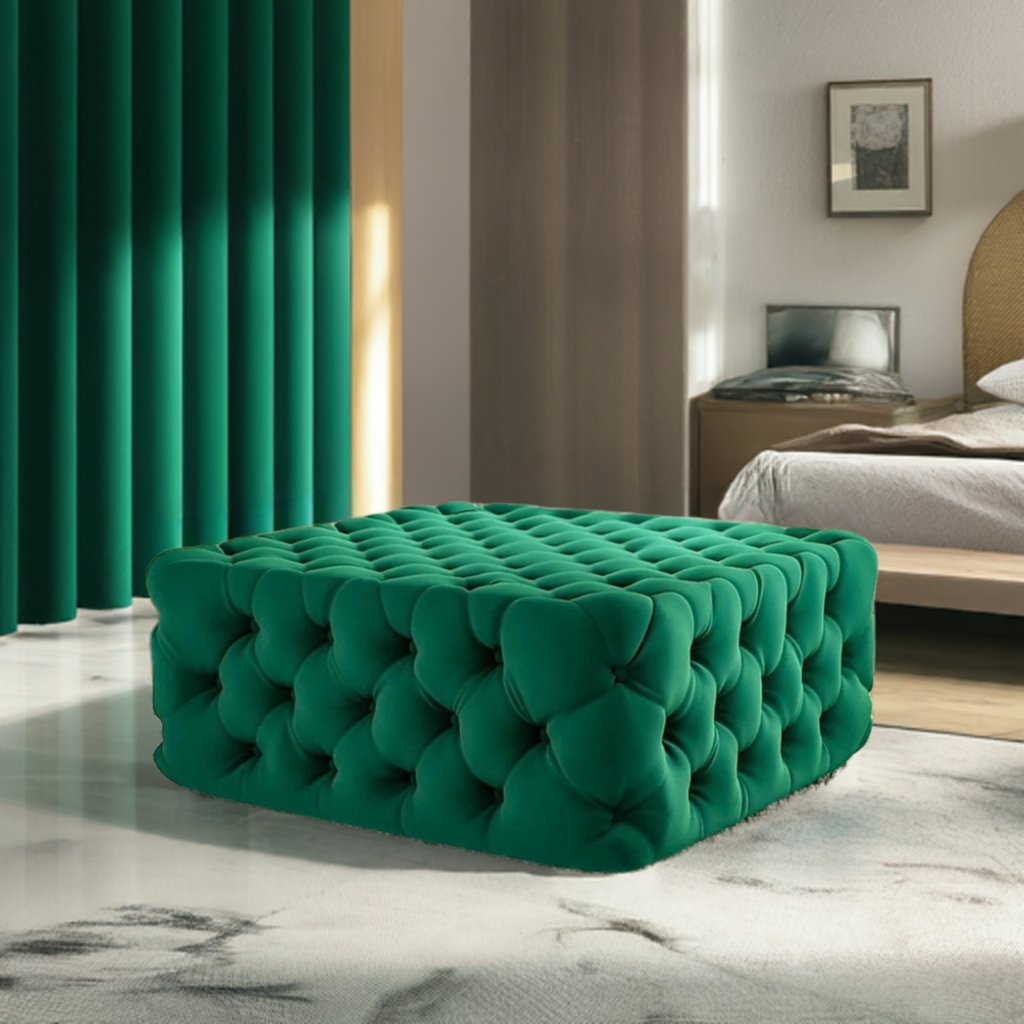 Footstool Chesterfield Green Velvet, [Squared] - MOOAZAA