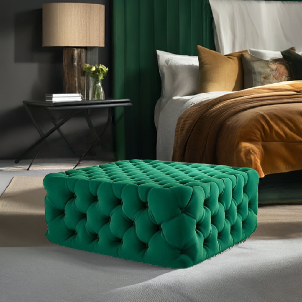 Footstool Chesterfield Green Velvet, [Squared] - MOOAZAA