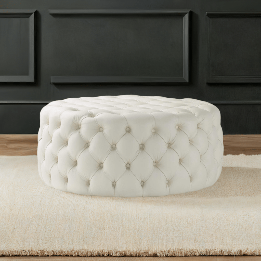 Footstool Chesterfield Light Cream Leather, [Rounded] - MOOAZAA