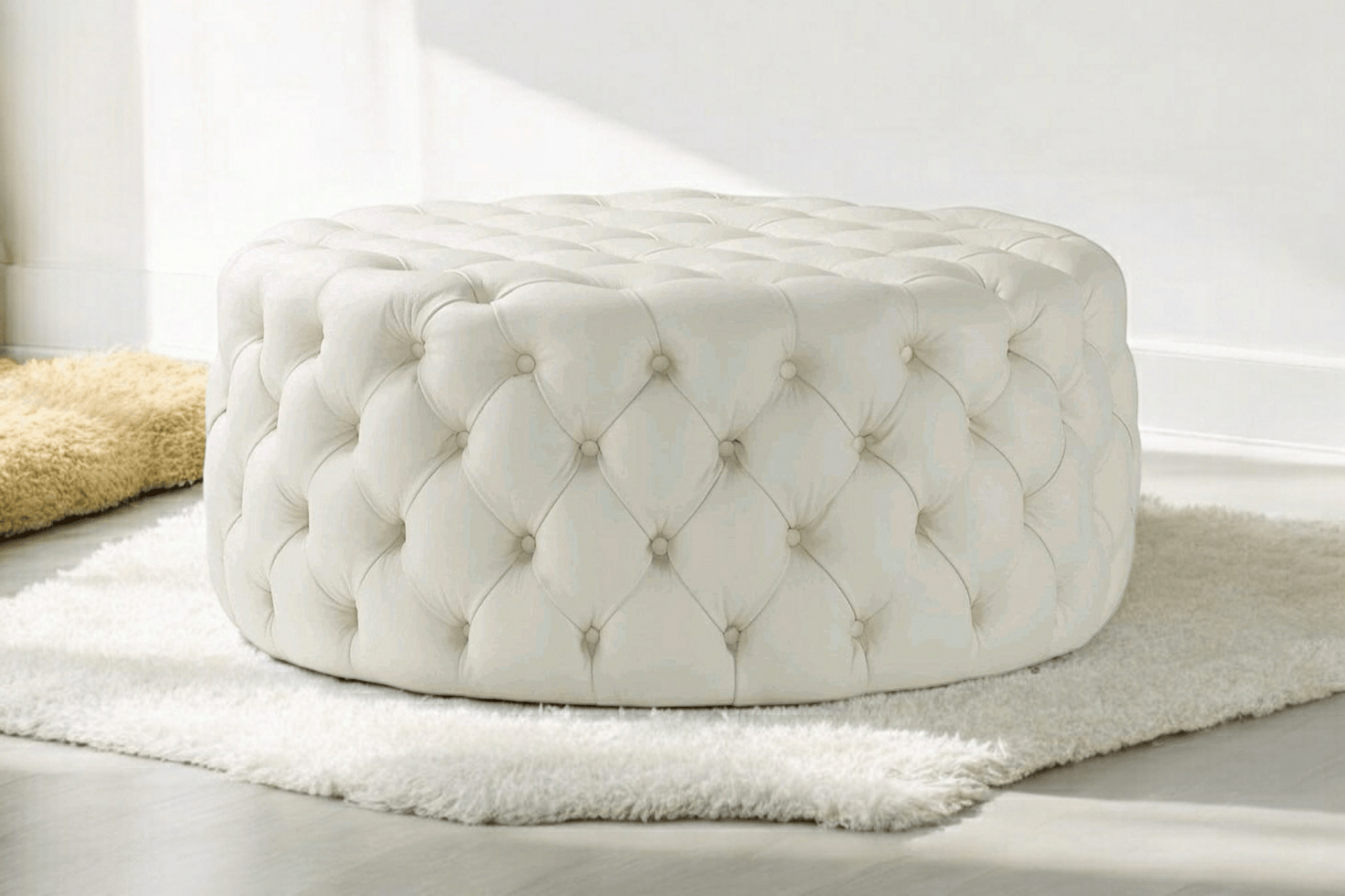 Footstool Chesterfield Light Cream Leather, [Rounded] - MOOAZAA