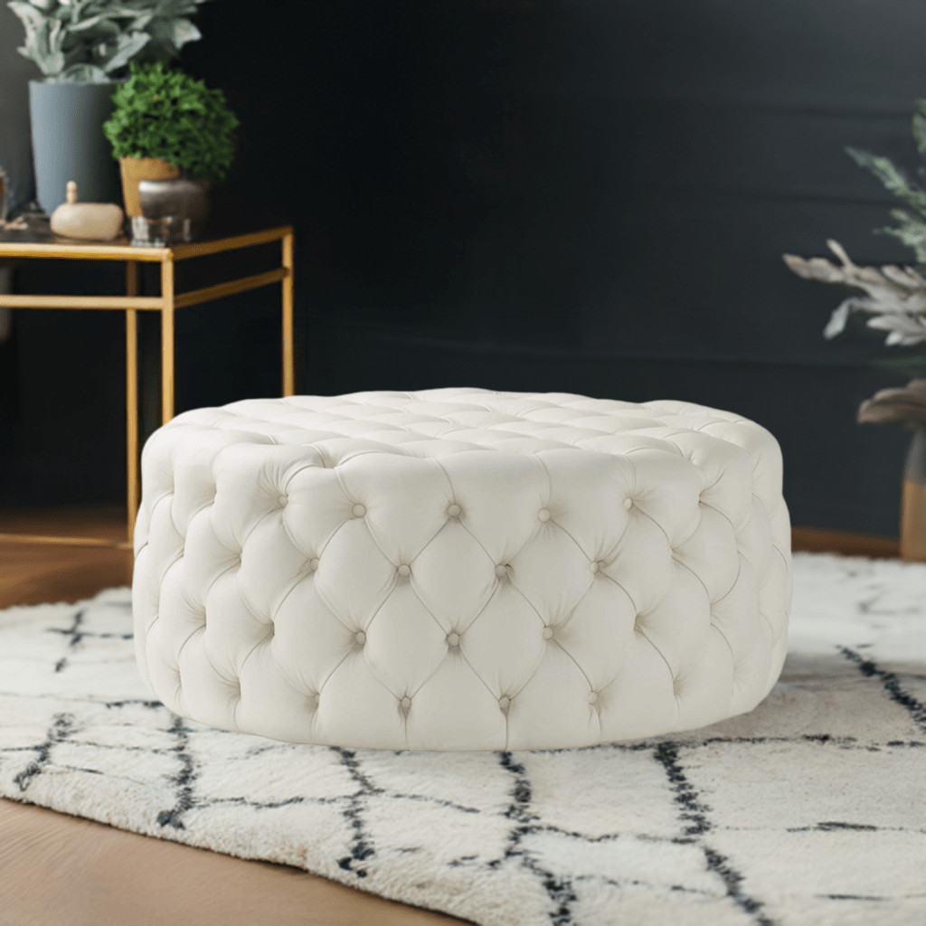 Footstool Chesterfield Light Cream Leather, [Rounded] - MOOAZAA
