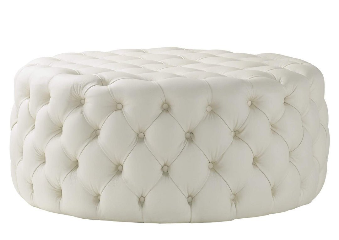 Footstool Chesterfield Light Cream Leather, [Rounded] - MOOAZAA