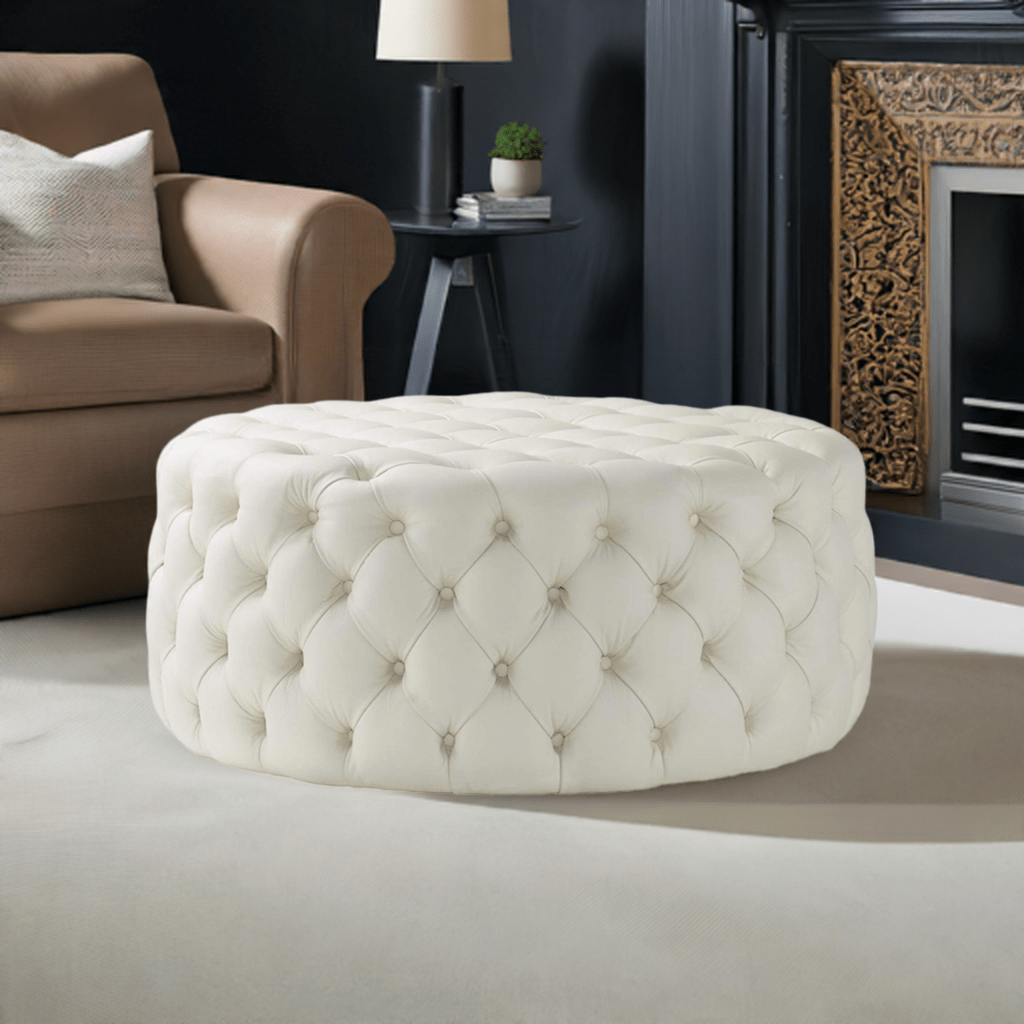 Footstool Chesterfield Light Cream Leather, [Rounded] - MOOAZAA