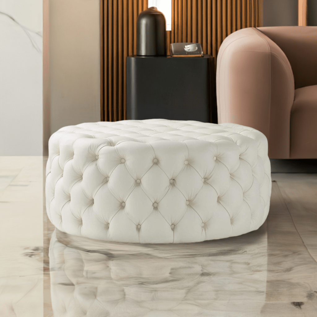 Footstool Chesterfield Light Cream Leather, [Rounded] - MOOAZAA