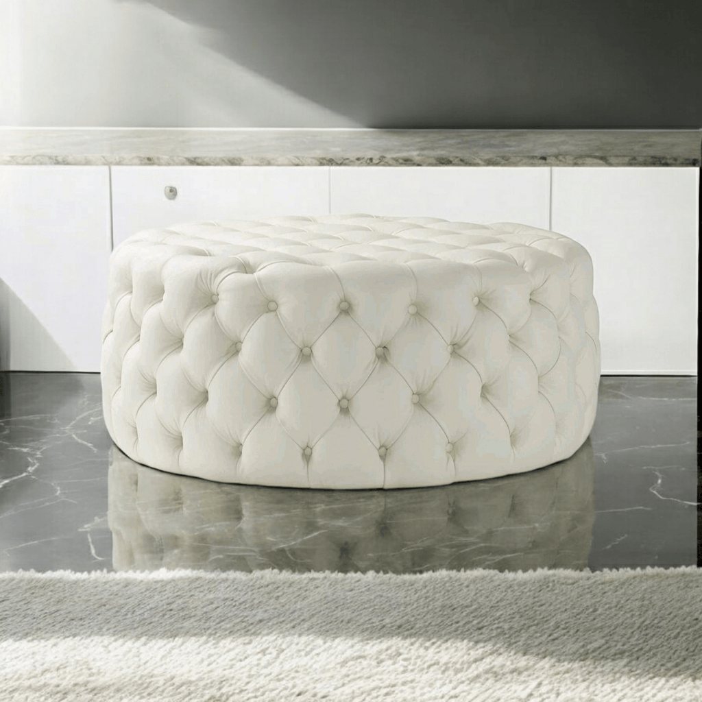 Footstool Chesterfield Light Cream Leather, [Rounded] - MOOAZAA