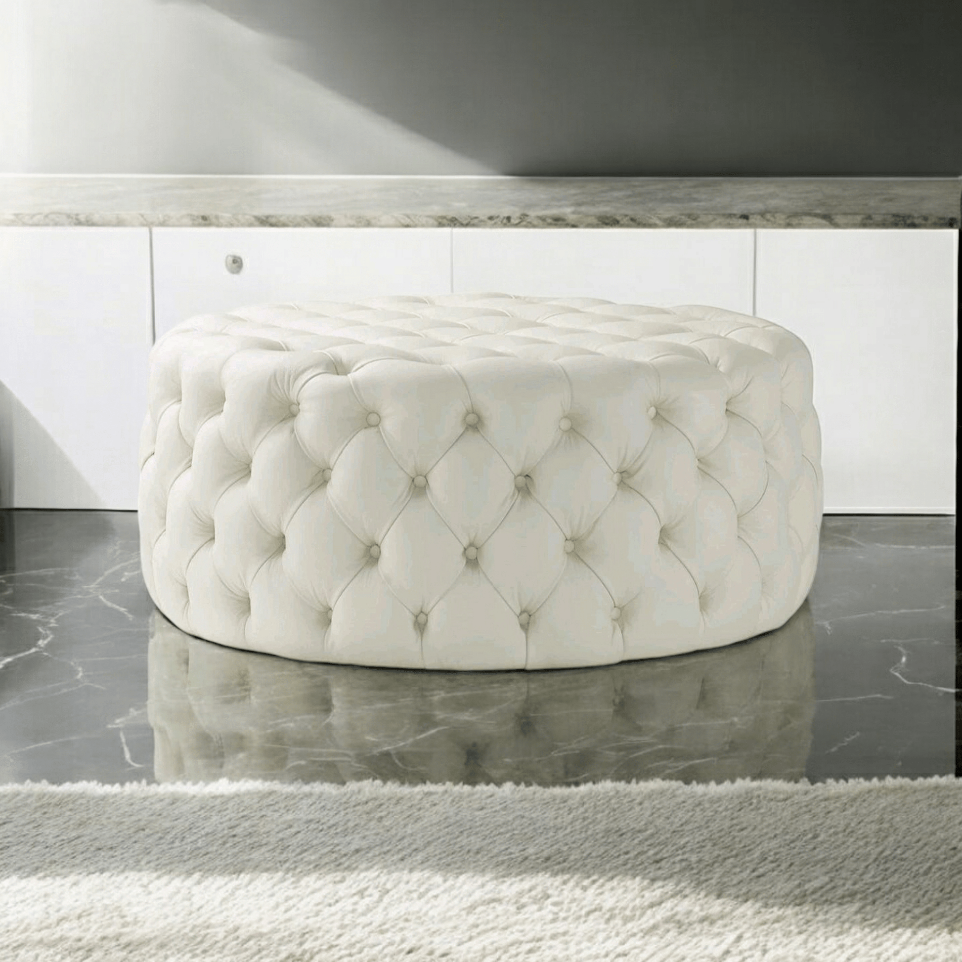 Footstool Chesterfield Light Cream Leather, [Rounded] - MOOAZAA