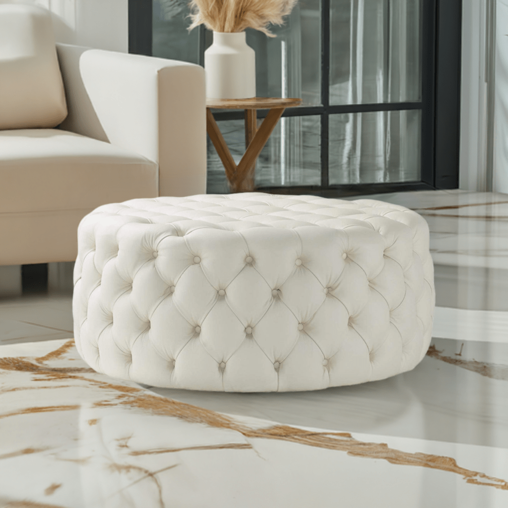 Footstool Chesterfield Light Cream Leather, [Rounded] - MOOAZAA