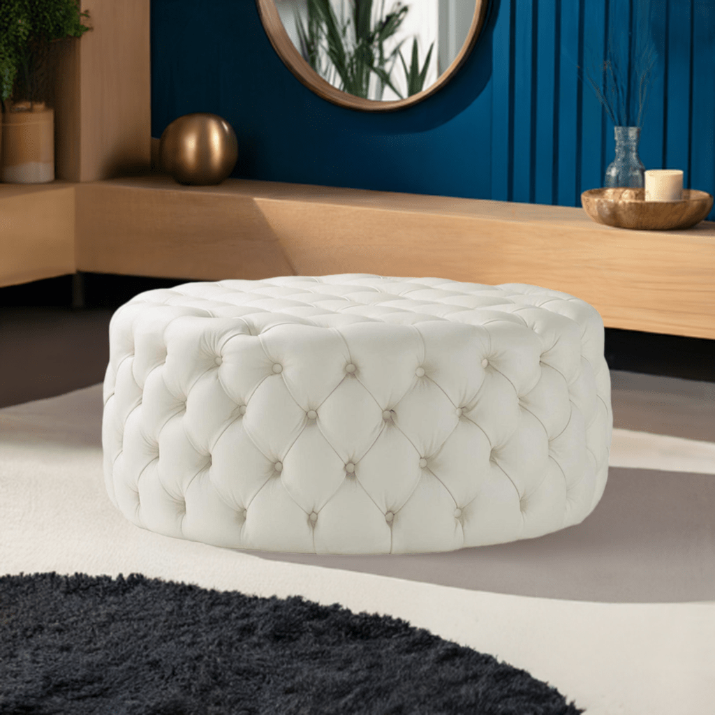 Footstool Chesterfield Light Cream Leather, [Rounded] - MOOAZAA