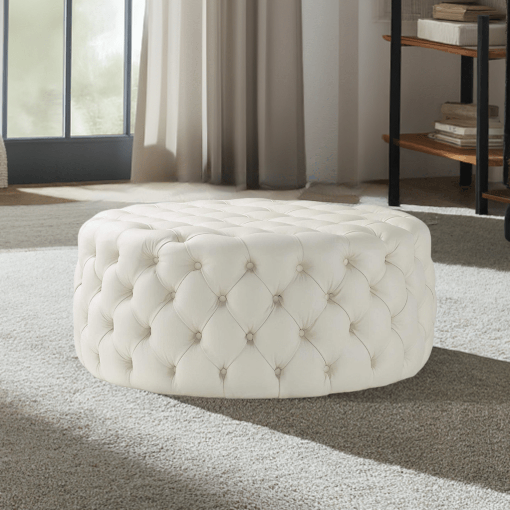 Footstool Chesterfield Light Cream Leather, [Rounded] - MOOAZAA
