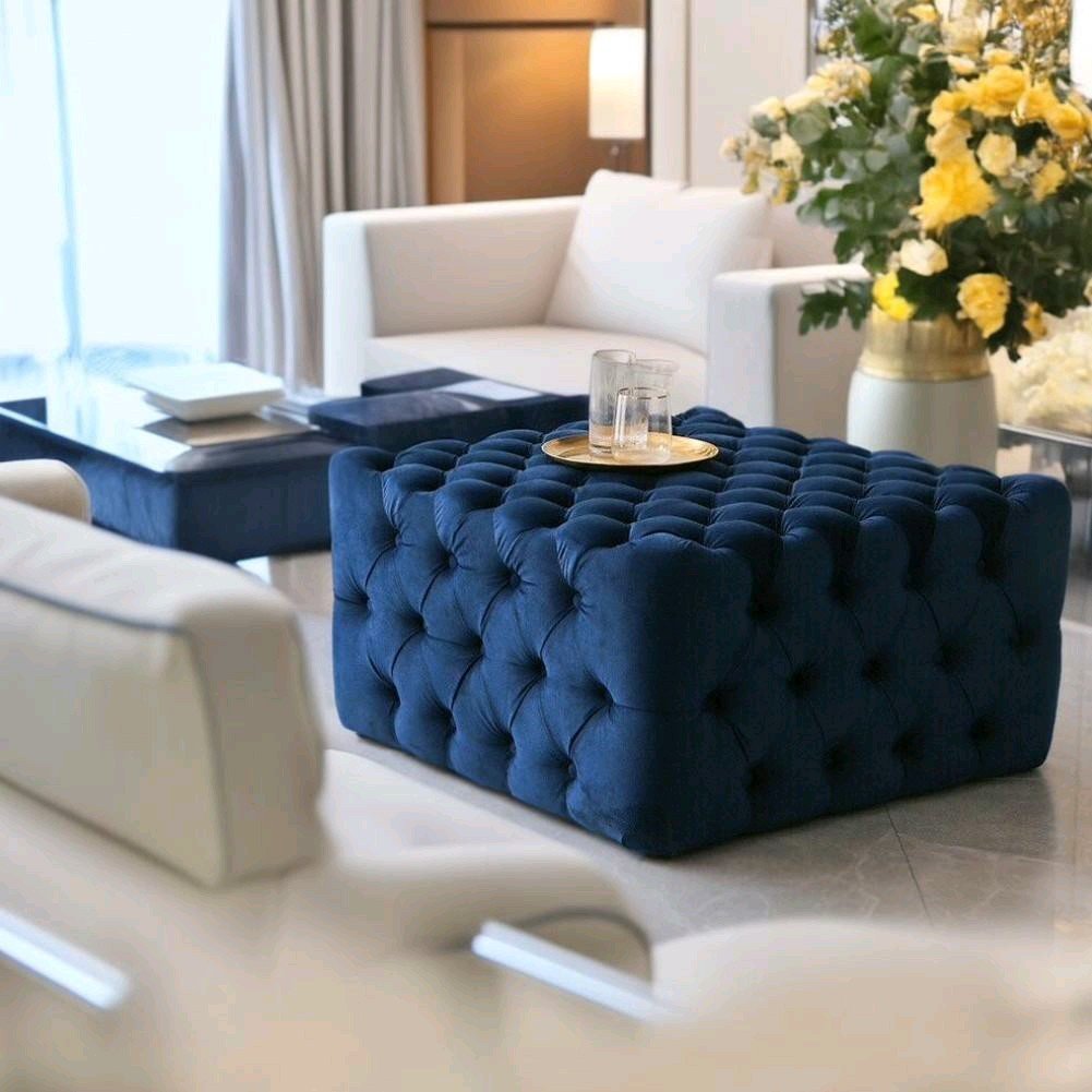 Footstool Chesterfield Velvet Navy Blue, [Squared] - MOOAZAA SHOP